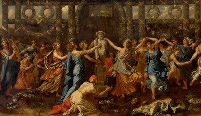 Hymenaios verkleidet als Frau während eines Opfers an Priapus (Detail) von Nicolas Poussin