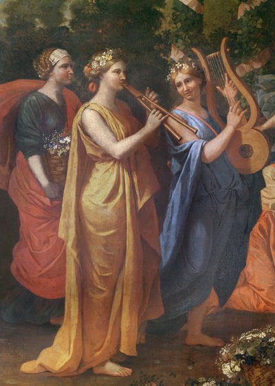 Hymenaios verkleidet als Frau während eines Opfers an Priapus, Detail der Musiker, c.1634-38 von Nicolas Poussin
