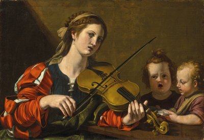 Eine Frau spielt Geige mit zwei singenden Kindern von Nicolas Tournier