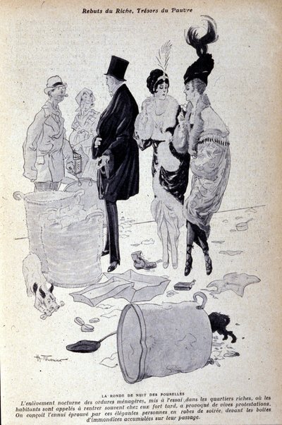 Paris: Müll sammelt sich auf der Straße vor elegant gekleideten Menschen. Illustration der französischen Presse von H. Tournier von Nicolas Tournier