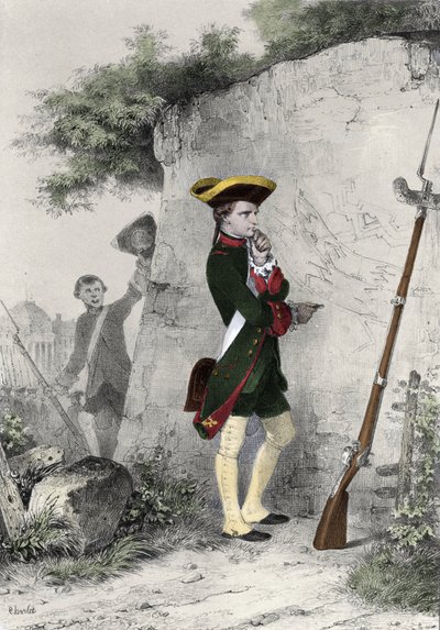 Napoleon I. Bonaparte (1769 - 1821) in der Militärschule von Brienne im Jahr 1783. Gravur von Charlet aus dem 19. Jahrhundert von Nicolas Toussaint Charlet