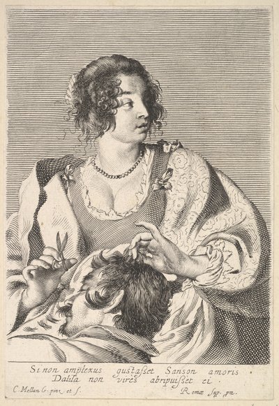 Delilah bereitet sich darauf vor, Samsons Haar mit einer Schere in ihrer rechten Hand zu schneiden, unter ihrer Brust..., ca. 1629 von Nicolas Viennot