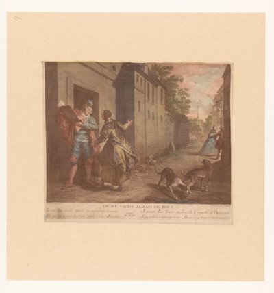 Straßenansicht mit Mann mit Buch (Fabeln von Jean de La Fontaine, Suite d