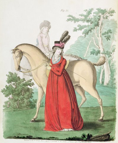 Eine Dame geht im Reitkleid aus Nikolaus Heideloffs Galerie der Mode, Band II, Juni 1795 von Nicolaus von Heideloff