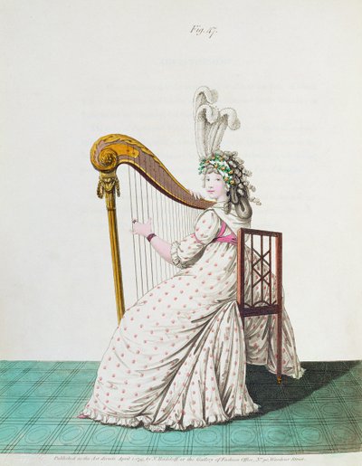 Dame spielt Harfe im Abendkleid aus Nikolaus Heideloffs Galerie der Mode, Band II, April 1795 von Nicolaus von Heideloff