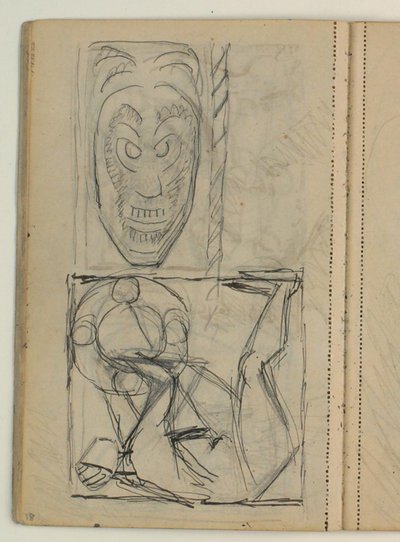 Skizze einer Maske, vermutlich nach Vorlage. Entwurf für Poul S. Christiansens Grabmal von Niels Larsen Stevns