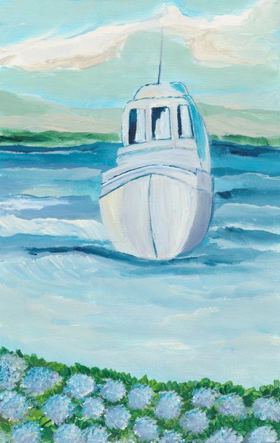 Weißes Boot Blaue Hortensien von Nikita Jariwala