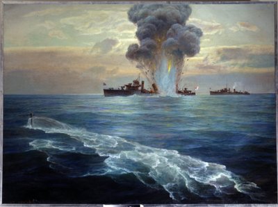 Russischer Bürgerkrieg: Der britische Zerstörer Victoria wurde am 1. September 1919 von dem bolschewistischen U-Boot Pantera vor der Insel Seskar (Finnischer Meerbusen) torpediert. von Nikolai Evlampievich Bublikov