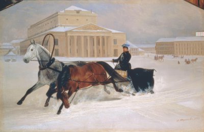 Pferdeschlitten vor dem Bolschoi-Theater in Moskau von Nikolai Jegorowitsch Swertschkow