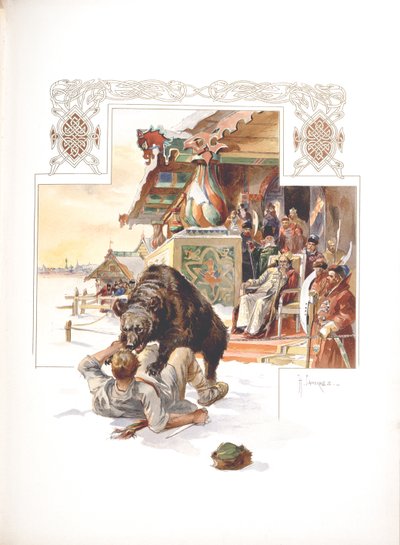 Bärenhetze. Illustration für Die großherzogliche, zaristische und kaiserliche Jagd in Russland von N. Kutepov von Nikolai Semyonovich Samokish