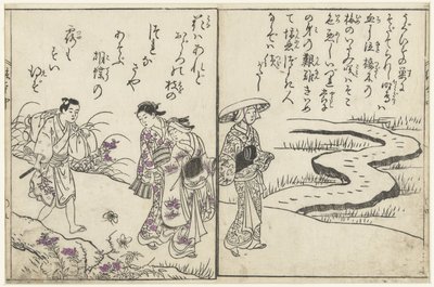 Spaziergänger in einer Landschaft mit Blumen von Nishikawa Sukenobu (attributed to)