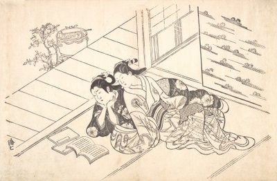 Zwei Frauen, die auf dem Boden eines Zimmers liegen und ein Buch lesen, ca. 1730 von Nishikawa Sukenobu