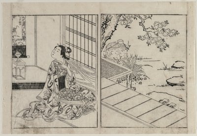 Frau betrachtet eine hängende Schriftrolle, ca. 1740er von Nishikawa Sukenobu