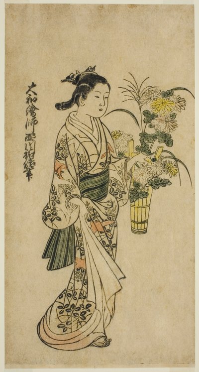 Junges Mädchen mit Blumengesteck von Nishikawa Sukenobu
