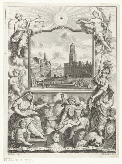 Stadtansicht mit Domkirche in Utrecht und Allegorie mit Utrechter Stadtjungfrau von Noach van der Meer (I)