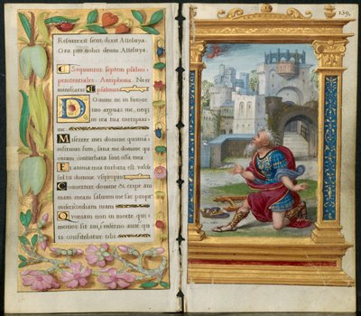 Angrenzende Blätter aus einem Stundenbuch: Bußpsalmen und König David im Gebet (2 von 3 herausgetrennten Blättern) von Noel Bellemare
