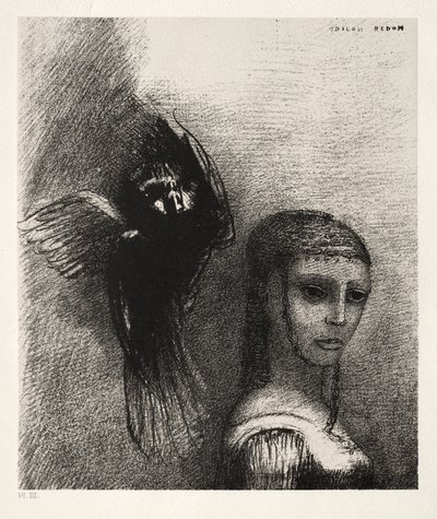 Und ein großer Vogel, der vom Himmel herabsteigt, stürzt sich gegen die höchste Spitze ihres Haares von Odilon Redon