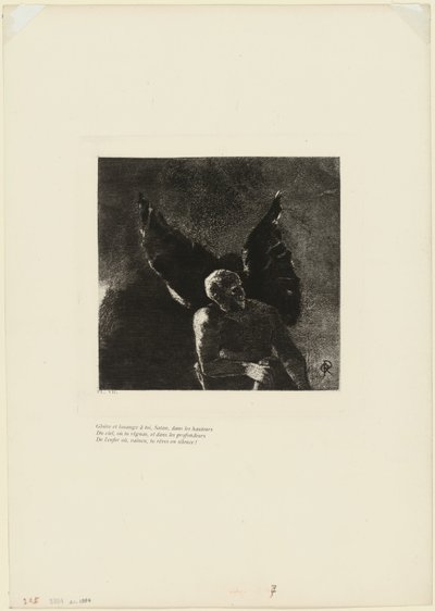 Ehre und Lob sei dir, Satan, in den Höhen des Himmels, wo du regiert hast, und in den Tiefen der Hölle, wo du besiegt in Stille träumst!, Platte 8 von 9 von Odilon Redon