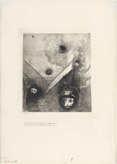 Auf dem Hintergrund unserer Nächte zeichnet Gott mit seinem wissenden Finger einen vielgestaltigen unerbittlichen Albtraum, Platte 6 von 9 von Odilon Redon