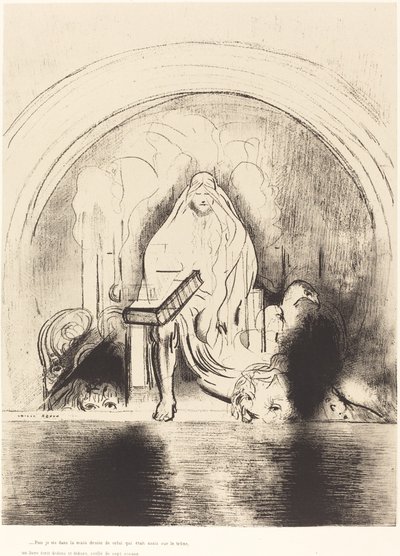 Dann sah ich in der rechten Hand dessen, der auf dem Thron saß, ein Buch, beschrieben innen und außen, versiegelt mit sieben Siegeln von Odilon Redon