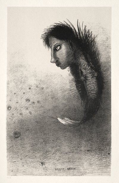 Dann erscheint ein seltsames Wesen, das den Kopf eines Mannes auf dem Körper eines Fisches hat von Odilon Redon
