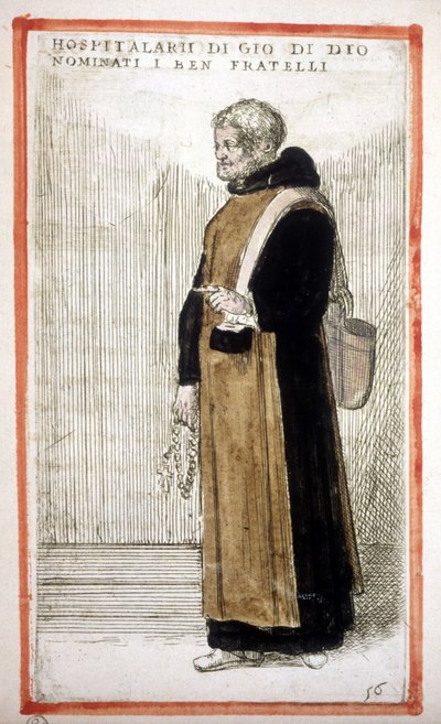 Religiöser Orden: die Hospitalbrüder des Heiligen Johannes von Gott. Gravur aus dem 16. Jahrhundert. Nach O. Fialetti von Odoardo Fialetti