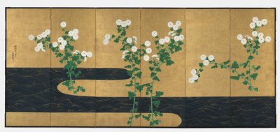 Chrysanthemen an einem Bach, Paar sechsteilige Faltwände, späte 1700er-frühe 1800er von Ogata (follower of) Korin
