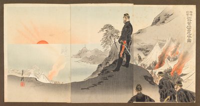 Offiziere und Soldaten bewundern die aufgehende Sonne beim Biwakieren in den Bergen von Port Arthur von Ogata Gekko