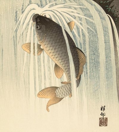 Karpfen unter einem Wasserfall von Ohara Koson