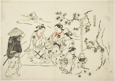 Sake erhitzen mit Ahornblättern (Kanzake momijigari), Nr. 9 aus einer Serie von 12 Drucken, die Parodien von Theaterstücken darstellen von Okumura Masanobu