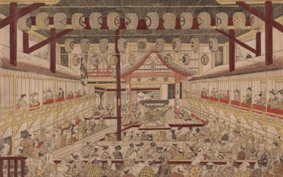 Perspektivische Ansicht des Inneren des Nakamura-Theaters mit Ichikawa Ebizo II als Yanone Goro, 1740 von Okumura Masanobu