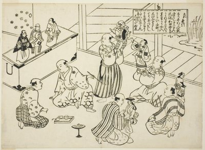 Die Umkleidekabine eines Puppentheaters, das Inhaltsverzeichnis aus der Serie "Berühmte Szenen aus japanischen Puppenspielen (Yamato irotake)" von Okumura Masanobu