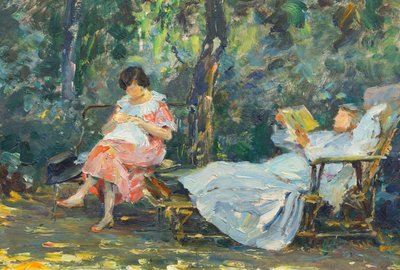 Lesen und Stricken im Garten von Olga (1881 1941) Slomszynska