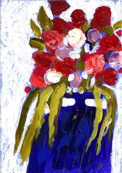 Bunte Blumen Blaue Vase von Olga Skomorokhova