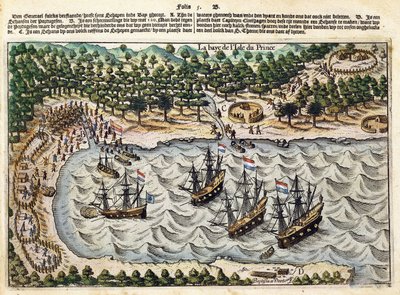 Ansicht eines niederländischen Schiffes im Hafen, ca. 1598-1602 von Olivier van Noort