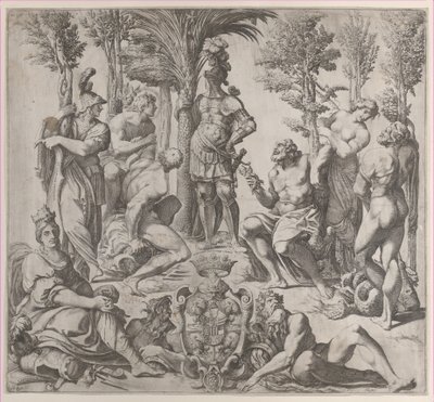Allegorische Komposition mit sechs olympischen Göttern, die sich um eine Figur in Rüstung versammeln, 1615-35 von Oliviero Gatti