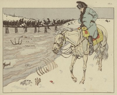 Napoleon beobachtet die Überquerung des Flusses Beresina durch die Reste seiner Großen Armee auf dem Rückzug aus Moskau, 1812 von Onfray de Breville Job