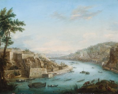 Ansicht einer Stadt an einem Fluss mit Schiffen von Orazio Gravenbroeck