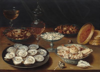 Gerichte mit Austern, Obst und Wein, ca. 1620-1625 von Osias Beert the Elder