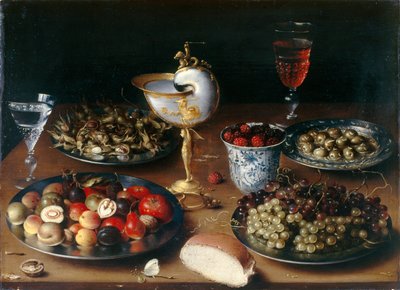 Stillleben mit Nautilusbecher, Obst, Nüssen und Wein von Osias the Elder Beert