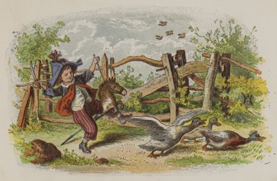 Junge spielt auf seinem Steckenpferd und erschreckt eine Gruppe von Gänsen von Oskar Pletsch