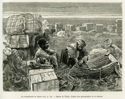Schmuggel archäologischer Ausgrabungen in der persischen Wüste. Gravur von Tofani zur Illustration der Geschichte A Suse von Oswaldo Tofani