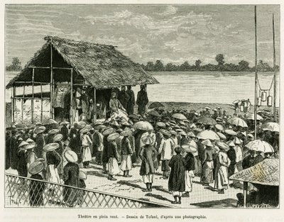 Theater im Wind. Gravur von Tofani, nach einer Fotografie, zur Illustration der Geschichte „Trente mois au Tonkin“, 1884, von Dr. Paul Hocquard, in Le Tour du monde 1890, unter der Leitung von Edouard Charton (1807-1890). von Oswaldo Tofani