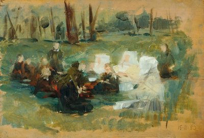 Kindergruppe mit drei weißgekleideten Nonnen und einem Geistlichen auf einer Waldwiese in der Sonne von Otto Friedrich