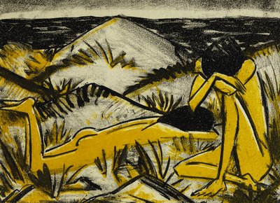 Dünen, eine sitzende und ein liegendes Mädchen von Otto Mueller