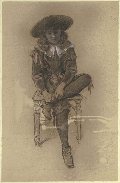 Sitzender Knabe in historischer Tracht aus der „Vorbereitung zum Kostümball“ von Otto Scholderer