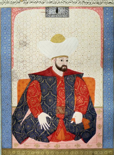 Osmanisches Reich: Porträt des osmanischen Sultans Murad I. (1326-1389). Miniatur aus dem Manuskript „Zubdatat-al-Tawarikh“ (Creme der Geschichten) von Historiker Seyyid Loqman Ashuri 1538. Türkisches und Islamisches Kunstmuseum von Ottoman School