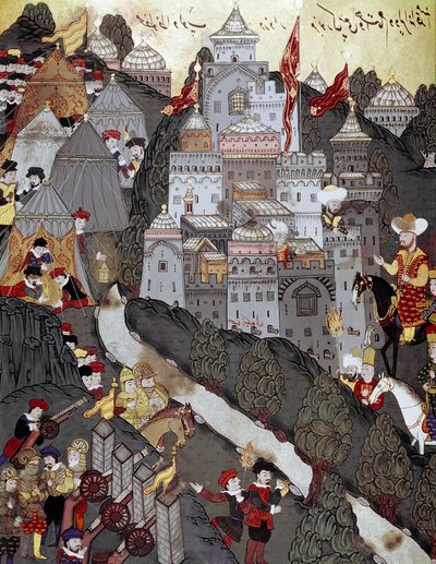 Osmanisches Reich: Sultan Bayezid I (Bajazet) (1360 um 1402) kehrt siegreich in die Stadt Nicopolis nach der Schlacht vom 25.09.1396 zurück. 16. Jahrhundert Miniatur. Istanbul, Topkapi Sarayi Museum Bibliothek von Ottoman School