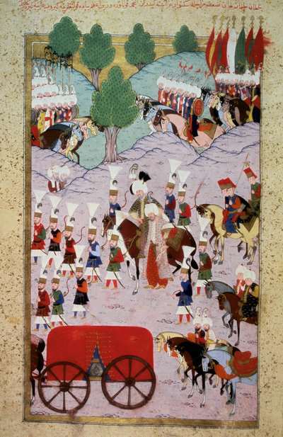 Darstellung von Sultan Soliman I der Prächtige (1520-1566) und seiner Armee. Miniatur aus dem 