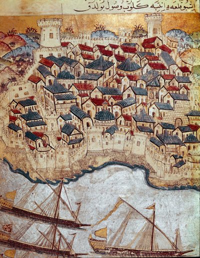 Osmanisches Reich: Darstellung einer befestigten Stadt am Ufer der Donau, erobert von Suleiman I. während seines Marsches auf Budapest und Wien von Ottoman School